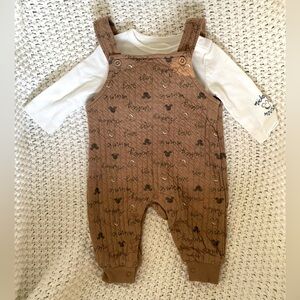 Disney Mickey Mouse brown overalls and white bodysuit set NWOT